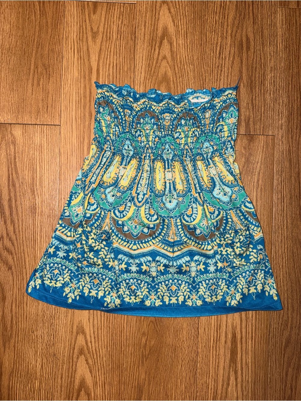 Blue & Yellow Printed Smocked strapless babydoll tube top